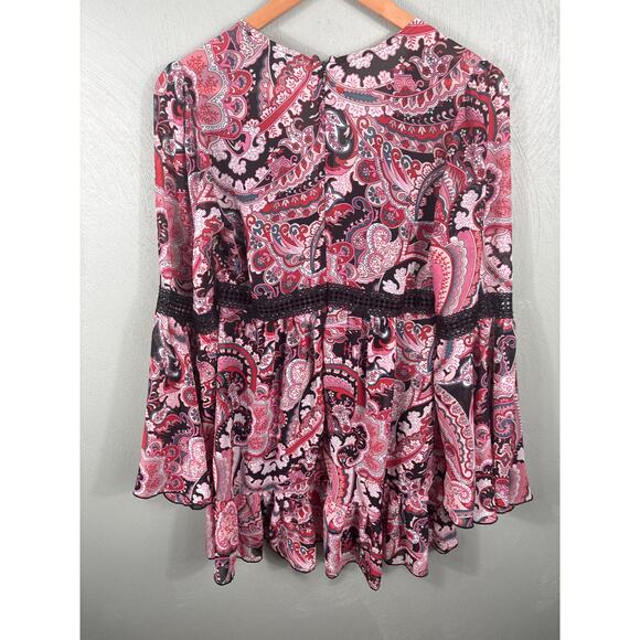 Forever 21 Women's Size Medium Pink Ruffles Paisley Print Bell Sleeve Mini Dress - Picture 10 of 11